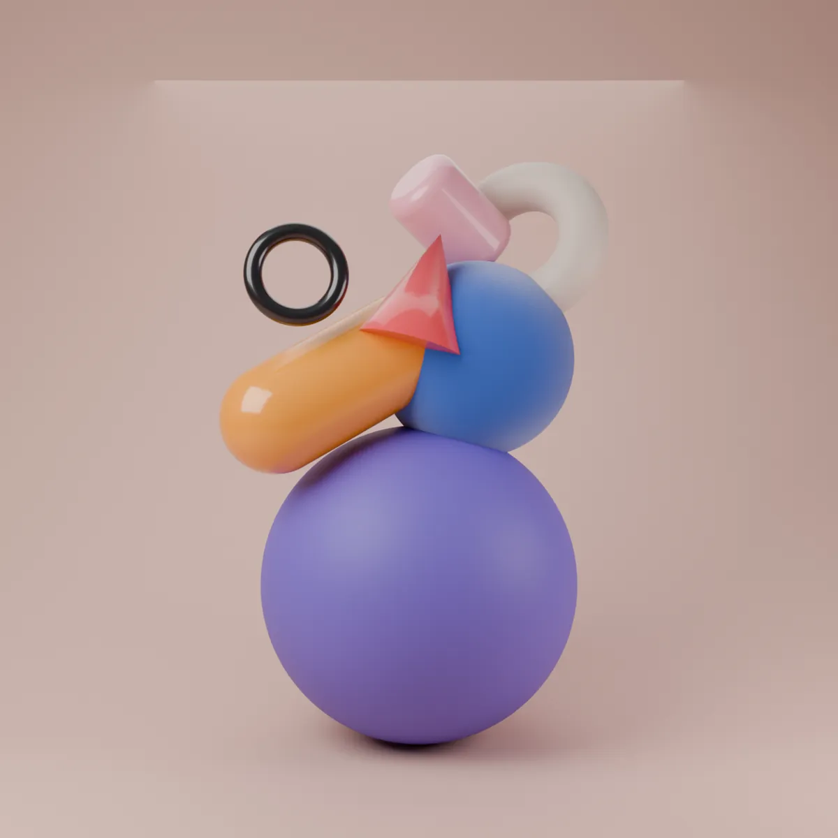 Balanced sculpture of colorful primitives