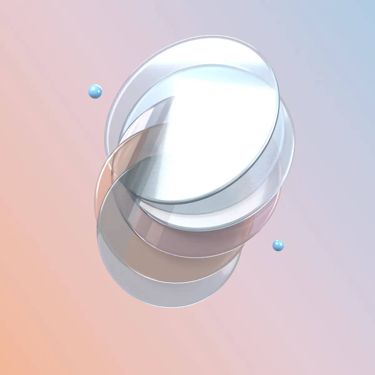 Frosted glass discs floating over a peach-to-blue gradient